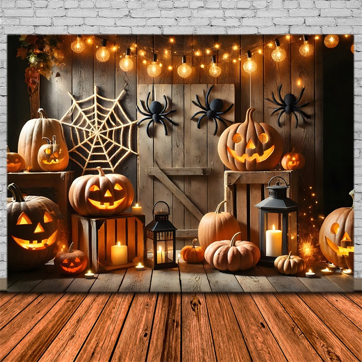 Halloween Pumpkin Lanterns Spider Web Barn Backdrop RR7-271