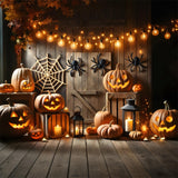 Halloween Pumpkin Lanterns Spider Web Barn Backdrop RR7-271