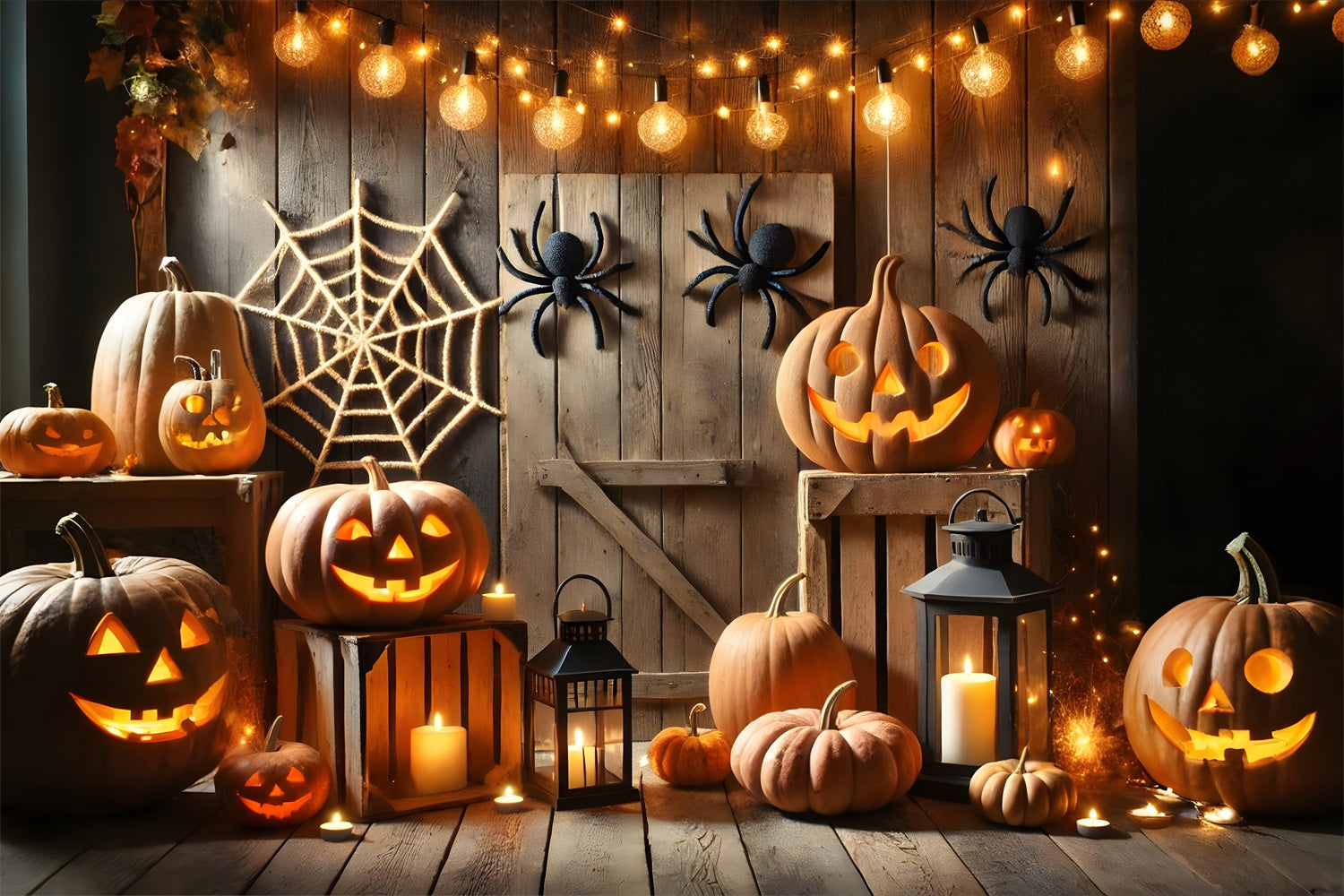 Halloween Pumpkin Lanterns Spider Web Barn Backdrop RR7-271