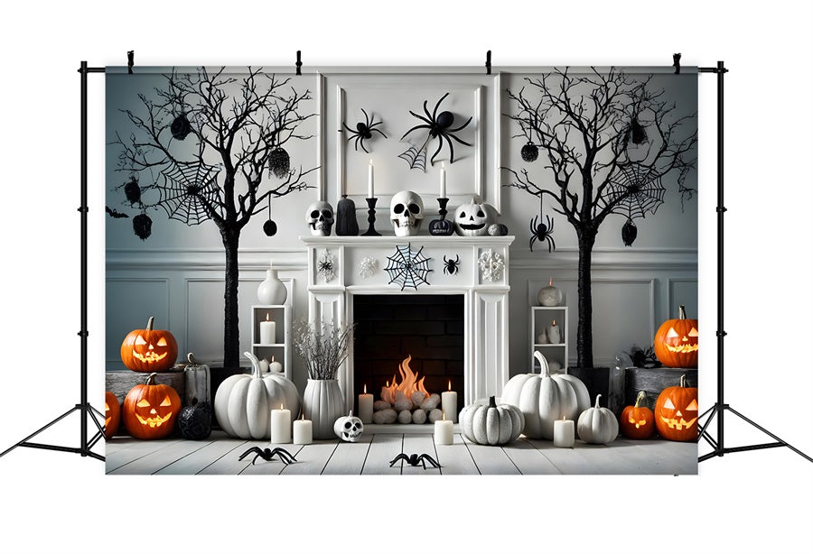 Halloween Pumpkin Lanterns Spider Fireplace Backdrop RR7-274