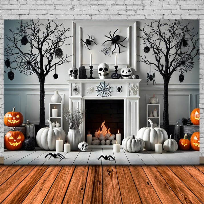 Halloween Pumpkin Lanterns Spider Fireplace Backdrop RR7-274