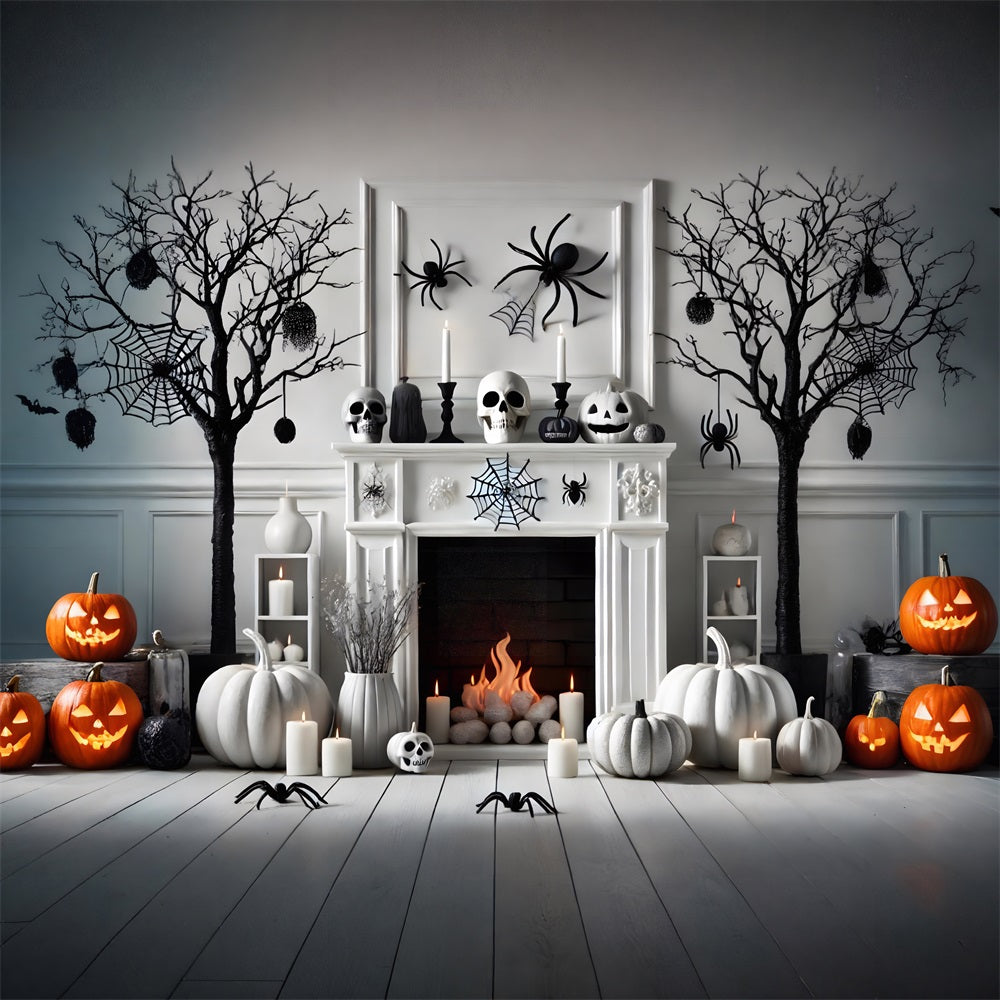 Halloween Pumpkin Lanterns Spider Fireplace Backdrop RR7-274