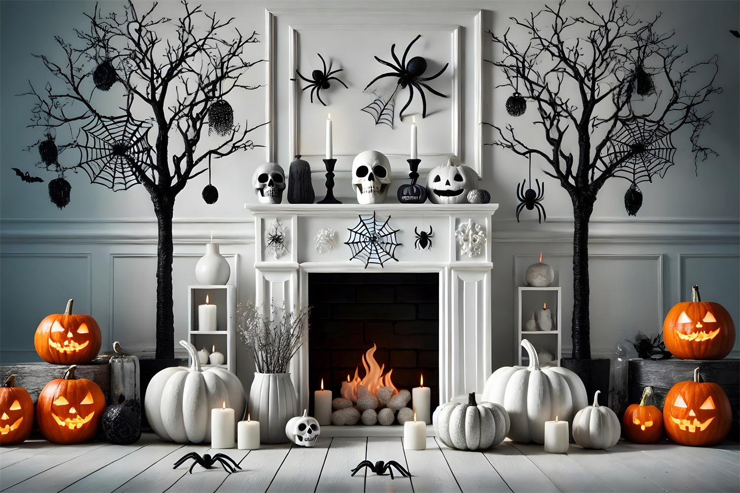 Halloween Pumpkin Lanterns Spider Fireplace Backdrop RR7-274