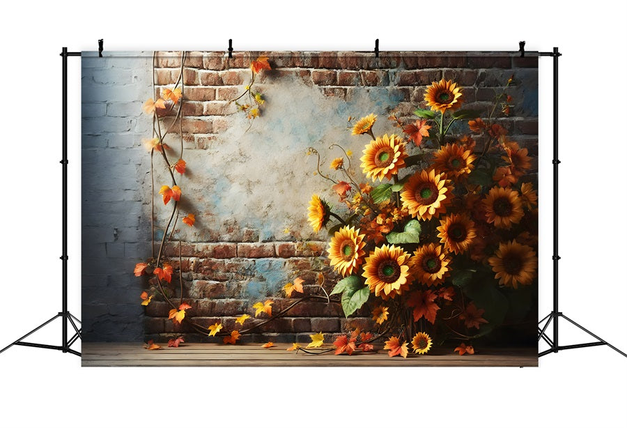 Rustic Brick Wall Sunflowers Fall Leaves Backdrop RR7-277