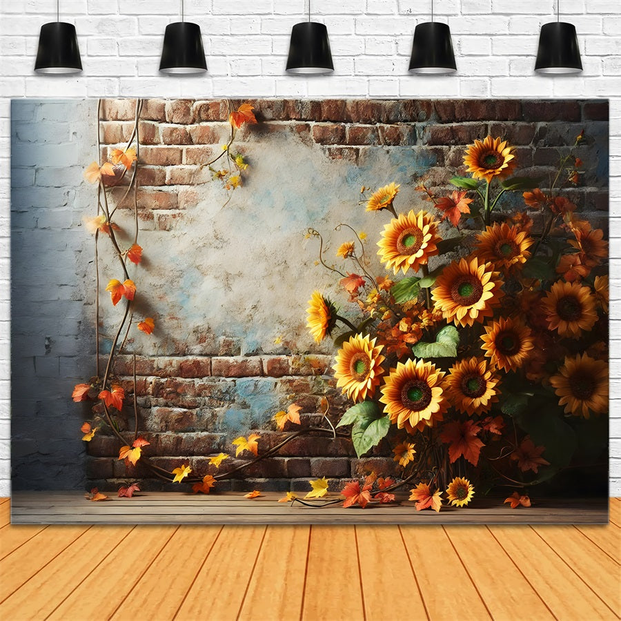 Rustic Brick Wall Sunflowers Fall Leaves Backdrop RR7-277