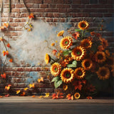 Rustic Brick Wall Sunflowers Fall Leaves Backdrop RR7-277