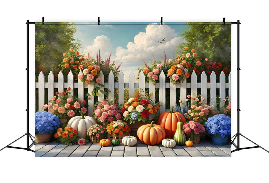 Fall Garden Flowers Pumpkins Fence Backdrop RR7-278