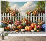 Fall Garden Flowers Pumpkins Fence Backdrop RR7-278