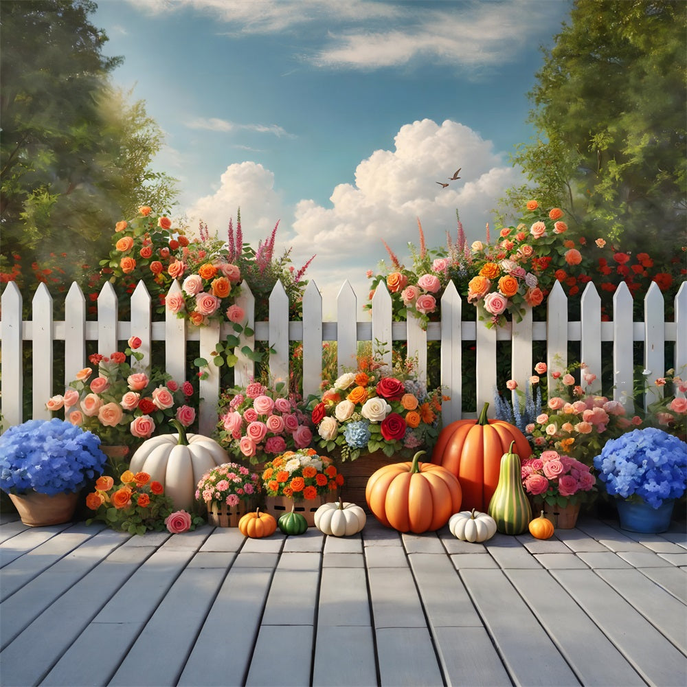 Fall Garden Flowers Pumpkins Fence Backdrop RR7-278