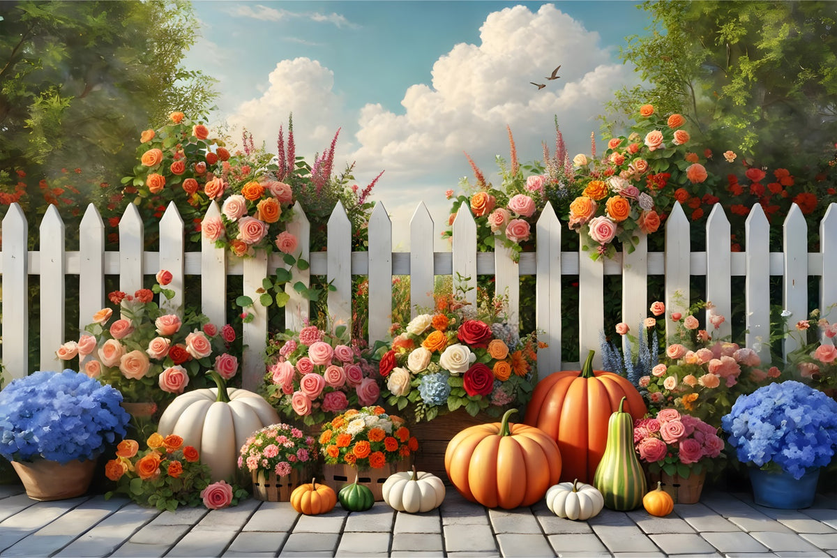 Fall Garden Flowers Pumpkins Fence Backdrop RR7-278