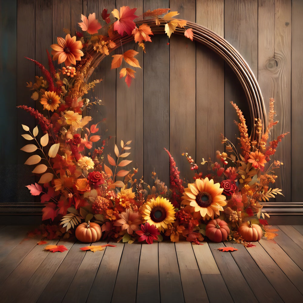 Autumn Floral Arch Pumpkin Wooden Backdrop RR7-279