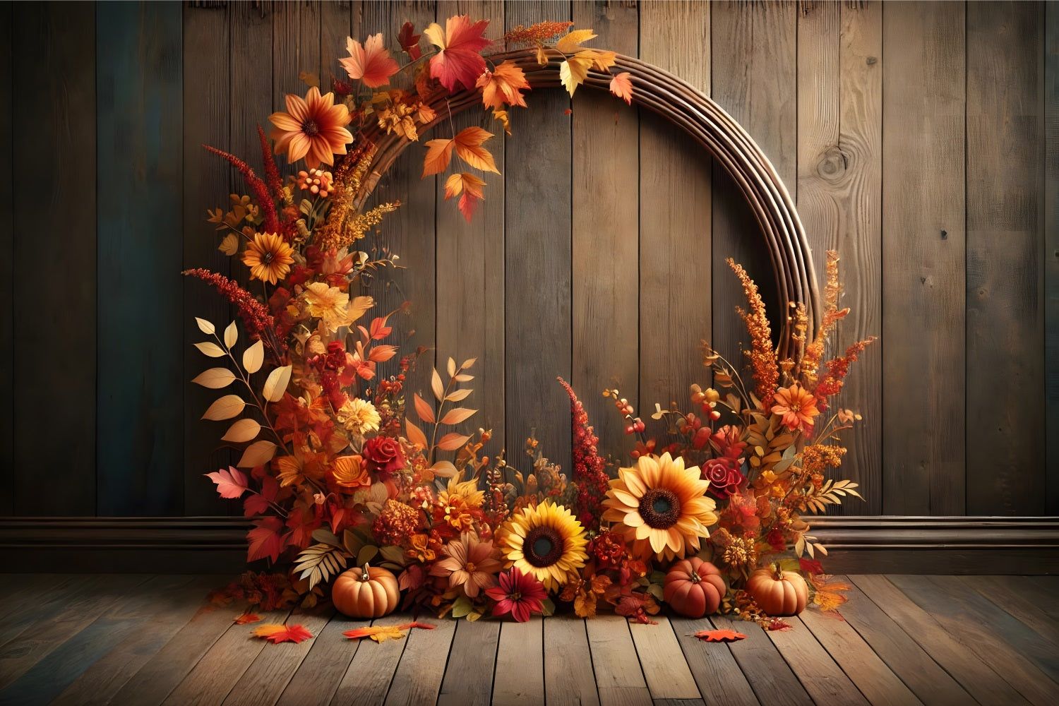 Autumn Floral Arch Pumpkin Wooden Backdrop RR7-279