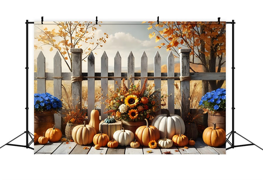 Fall Harvest Floral Pumpkin Picket Fence Backdrop RR7-280