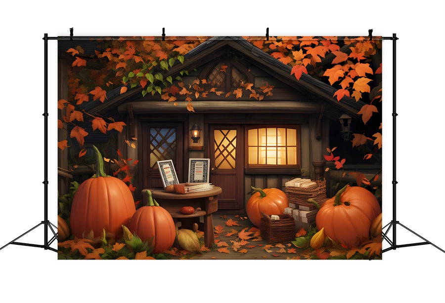 Cozy Fall Cottage Pumpkins Leaves Backdrop RR7-284