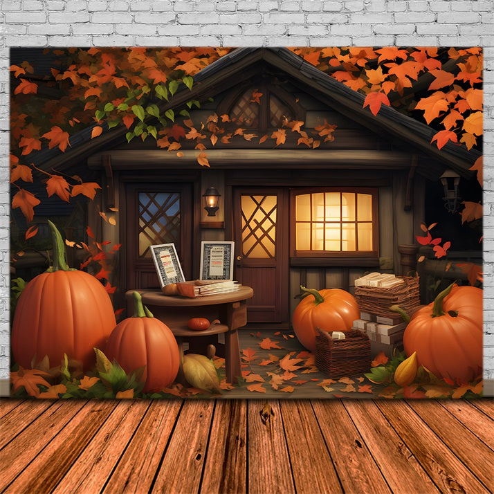 Cozy Fall Cottage Pumpkins Leaves Backdrop RR7-284