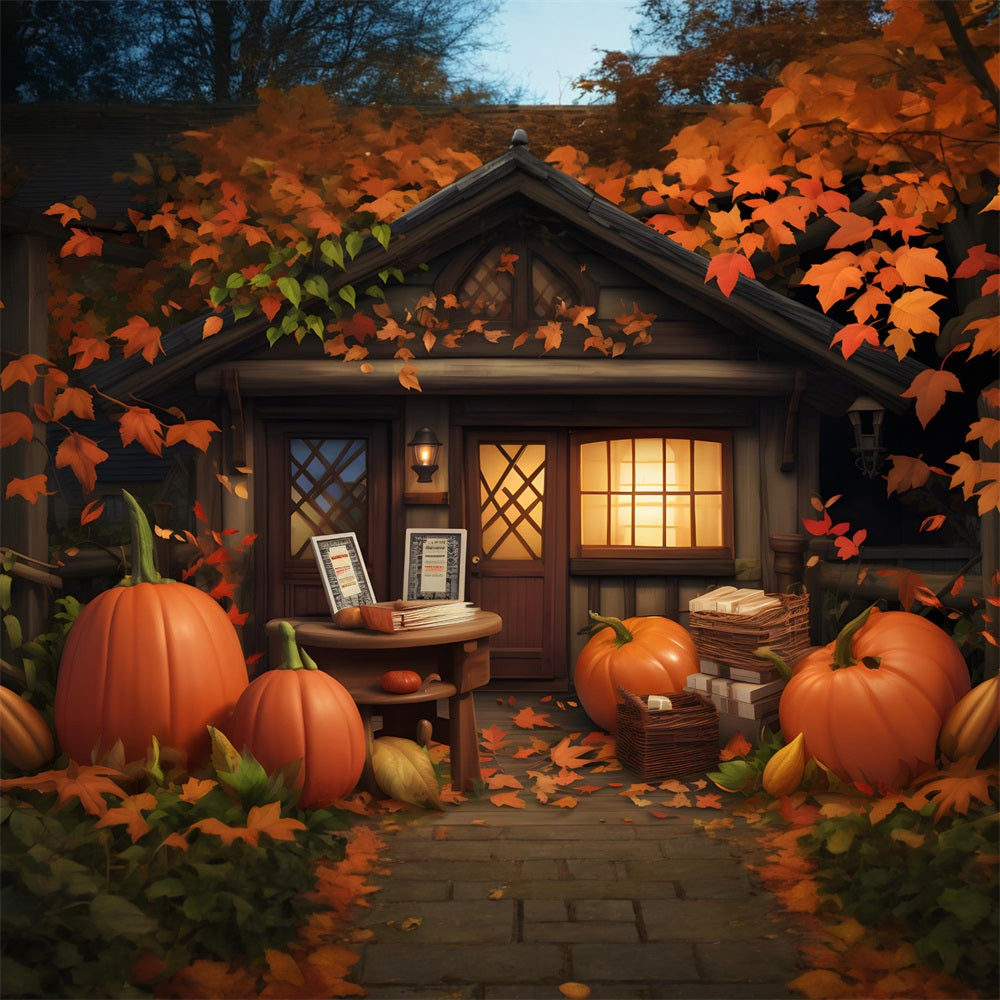 Cozy Fall Cottage Pumpkins Leaves Backdrop RR7-284