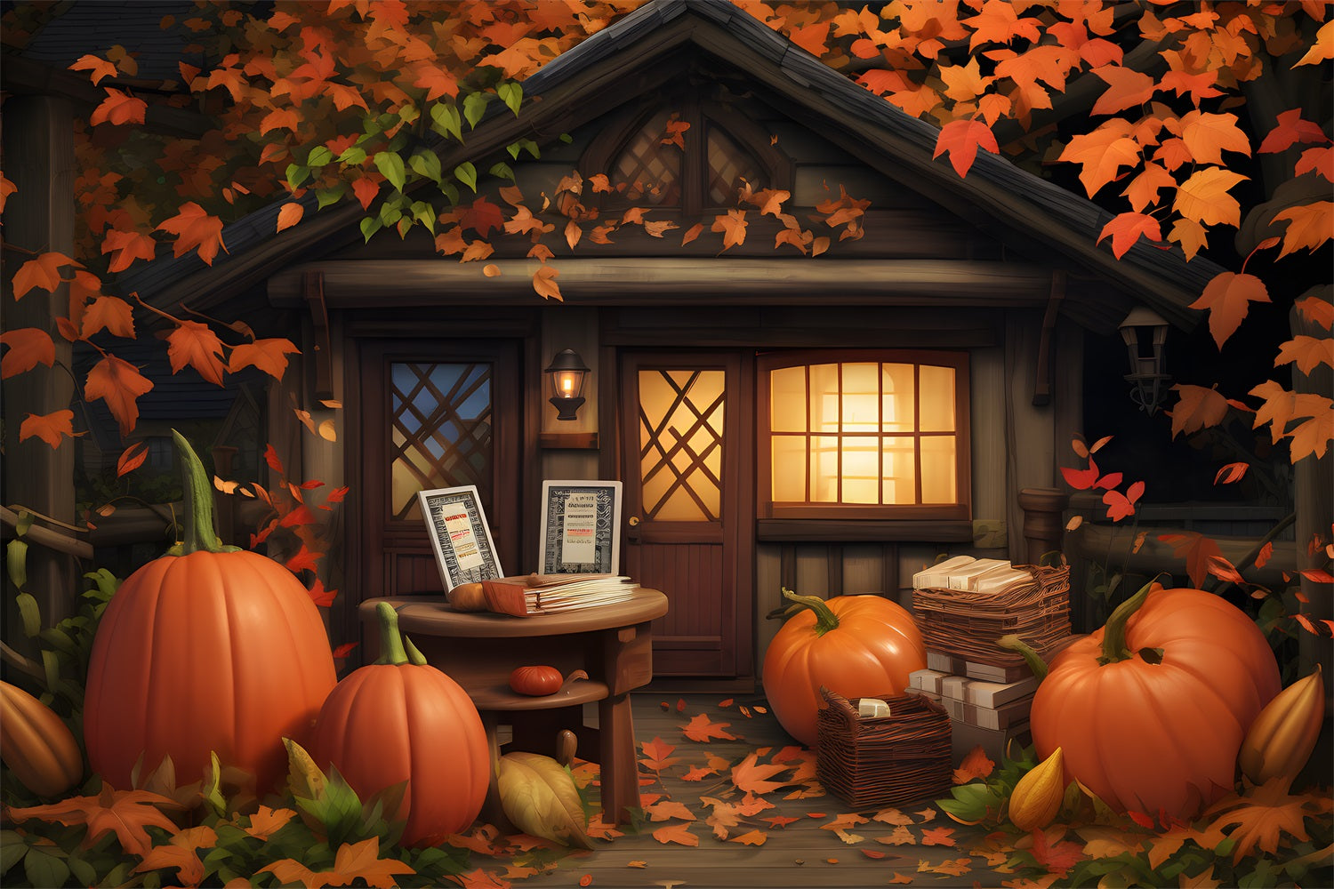 Cozy Fall Cottage Pumpkins Leaves Backdrop RR7-284