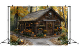 Rustic Fall Cabin Pumpkins Leaves Backdrop RR7-285