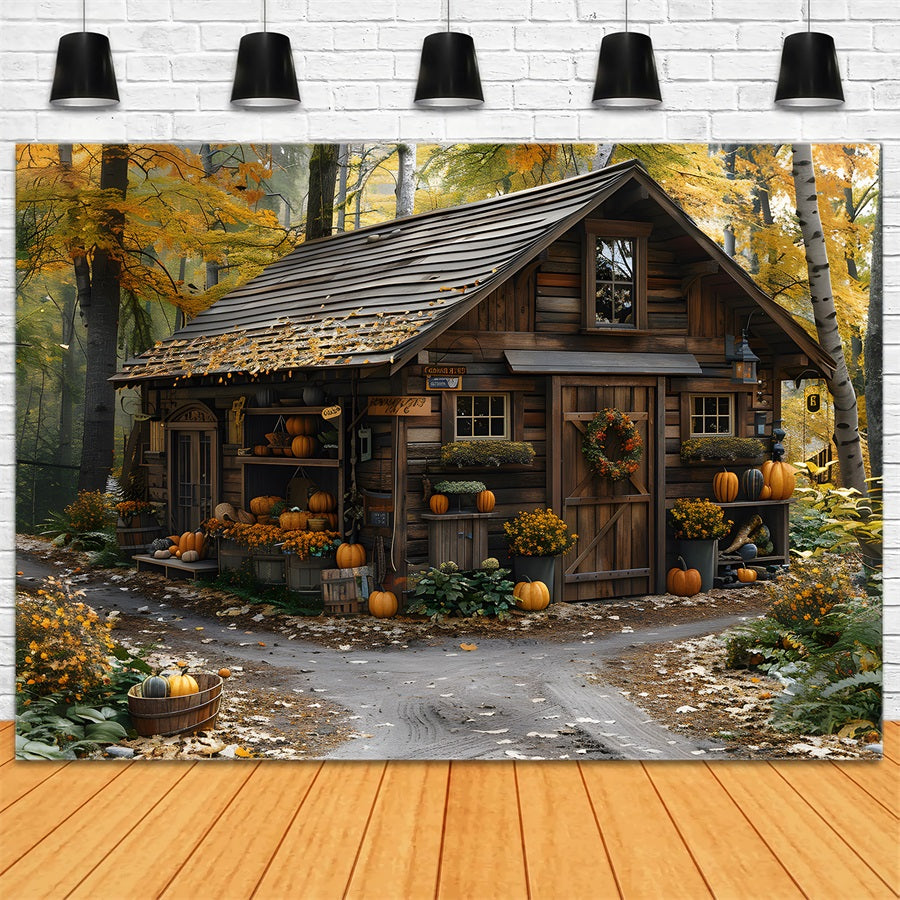 Rustic Fall Cabin Pumpkins Leaves Backdrop RR7-285