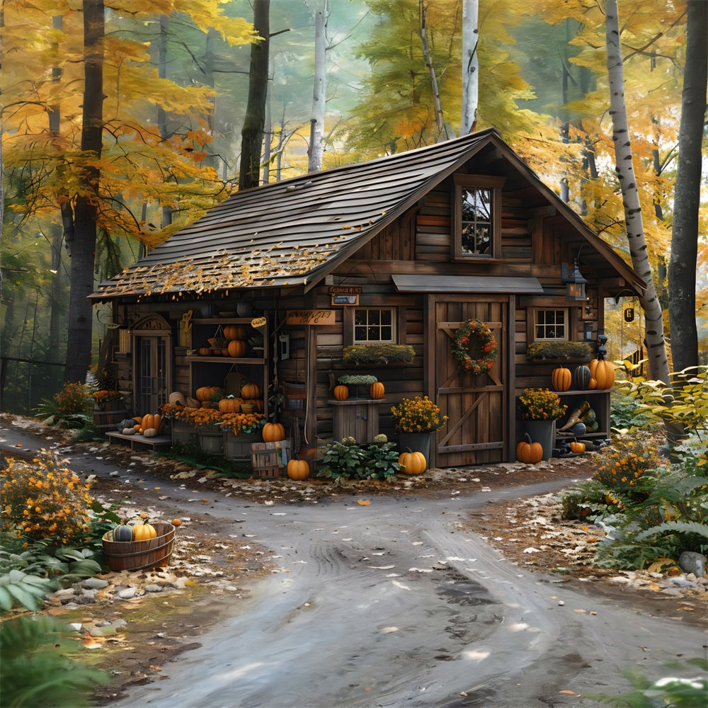 Rustic Fall Cabin Pumpkins Leaves Backdrop RR7-285