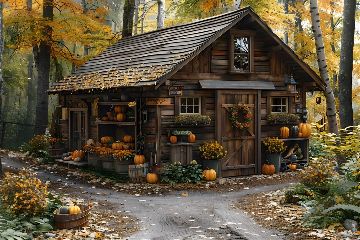 Rustic Fall Cabin Pumpkins Leaves Backdrop RR7-285