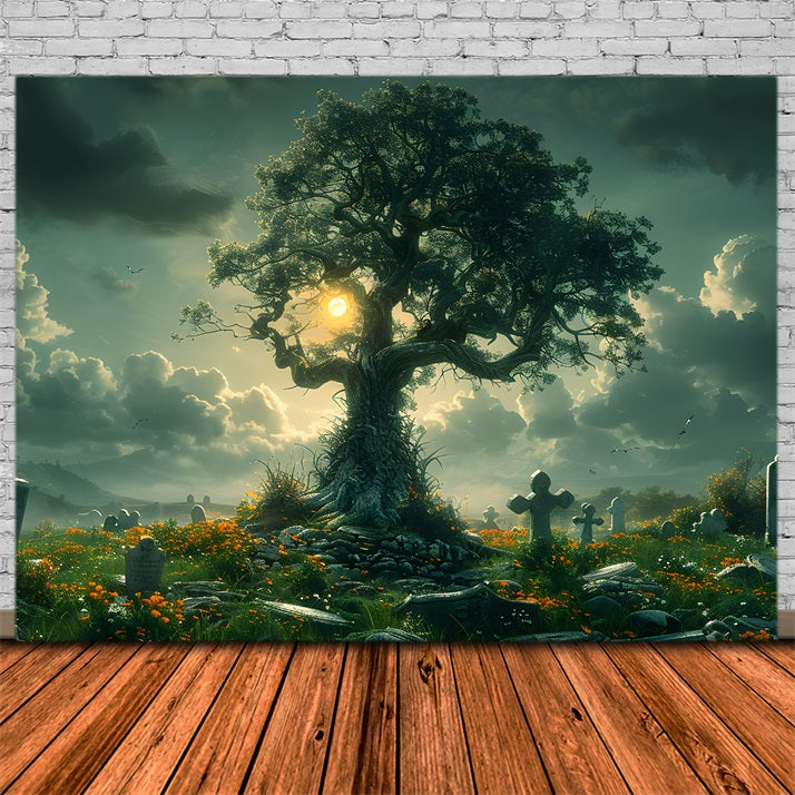 Halloween Enchanted Graveyard Tree Backdrop RR7-286