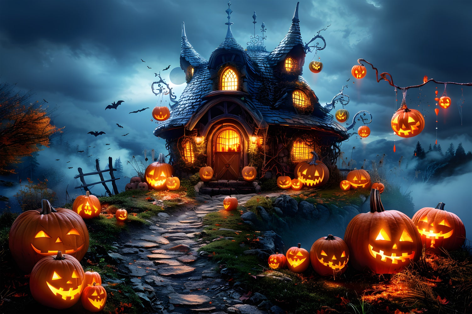 Halloween Pumpkin Lanterns Enchanted Cottage Backdrop RR7-287