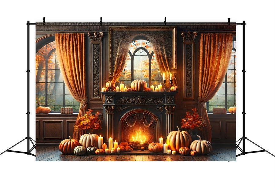 Elegant Fall Fireplace Pumpkins Candles Backdrop RR7-290