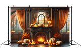 Elegant Fall Fireplace Pumpkins Candles Backdrop RR7-290