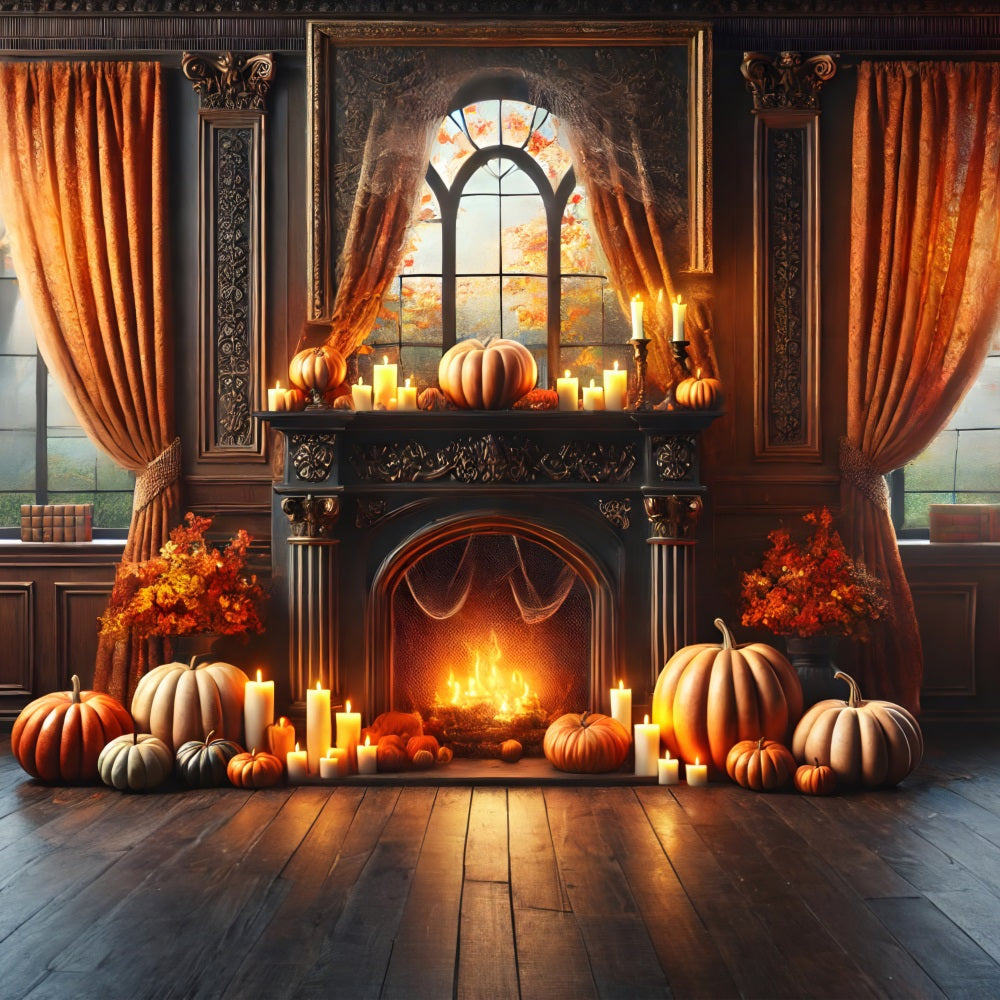 Elegant Fall Fireplace Pumpkins Candles Backdrop RR7-290