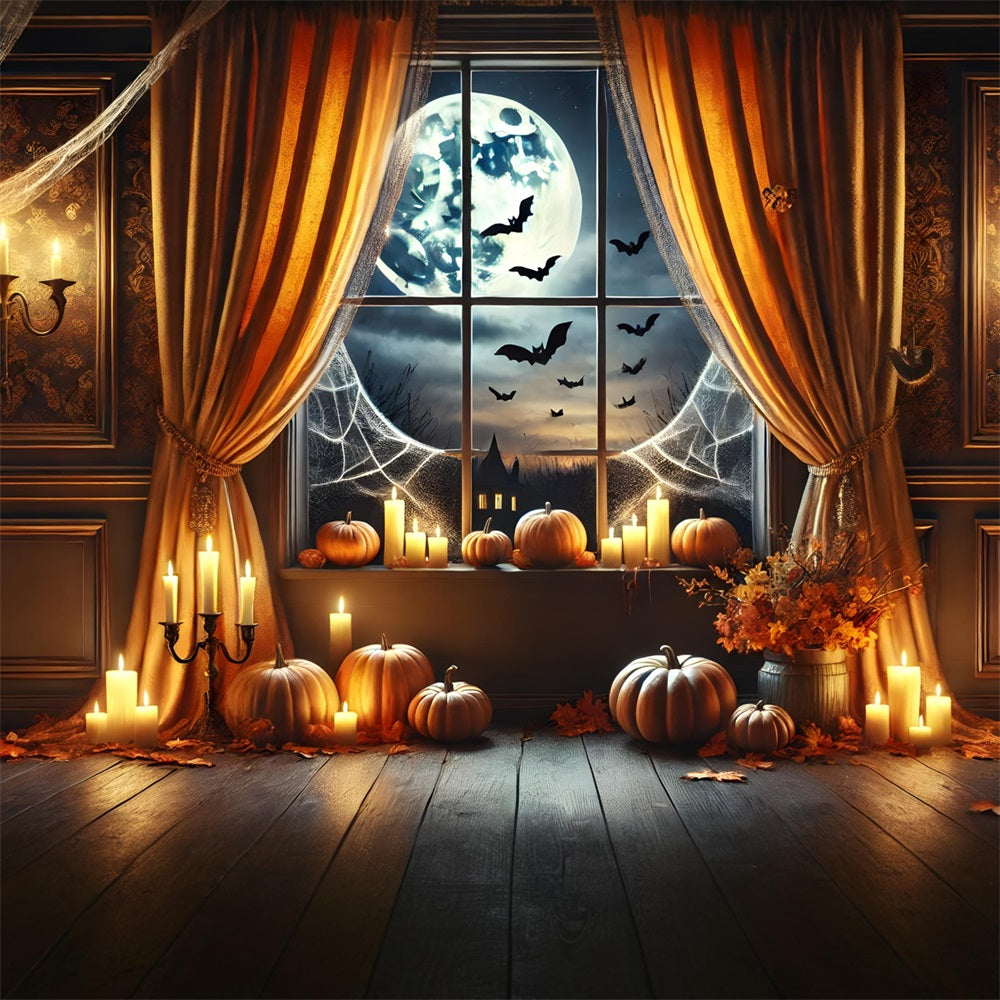 Halloween Pumpkin Lanterns Moonlit Window Backdrop RR7-291