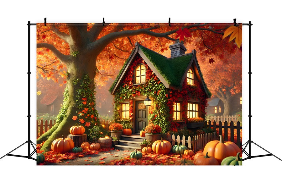 Charming Autumn Cottage Pumpkins Ivy Backdrop RR7-293