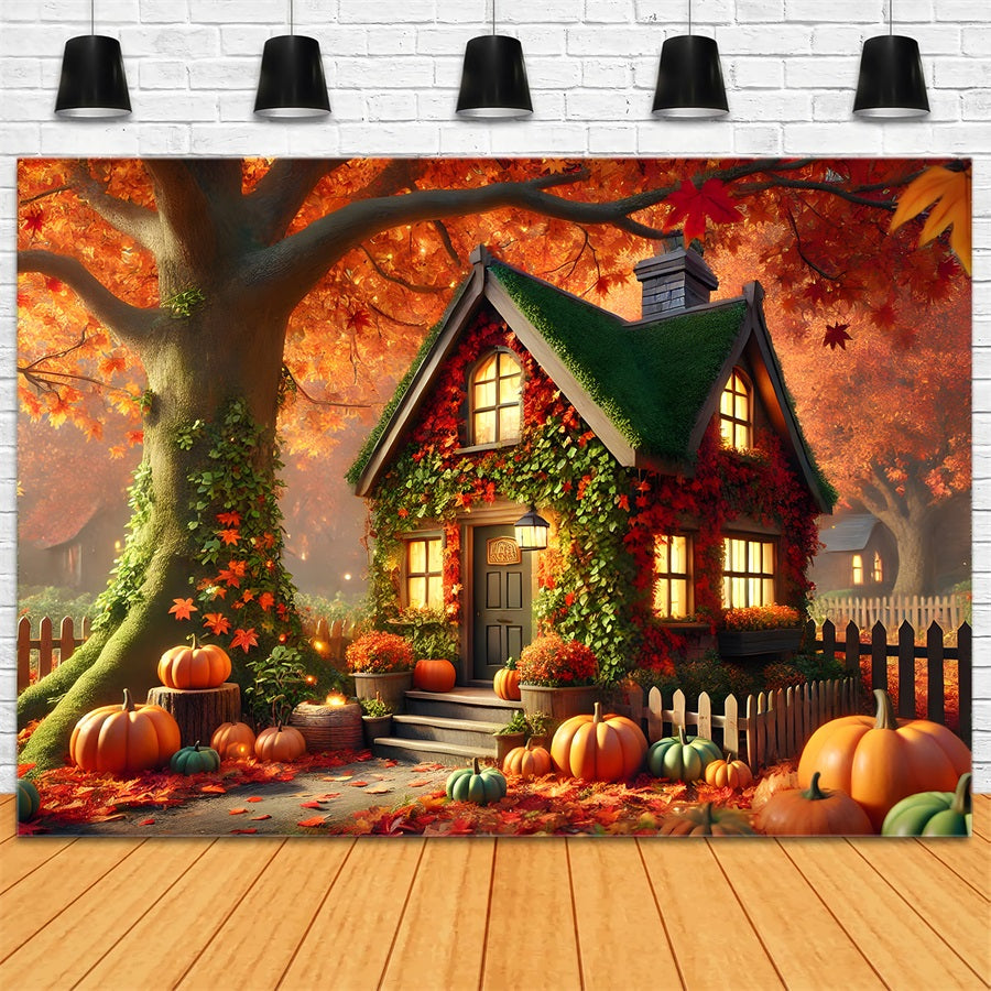 Charming Autumn Cottage Pumpkins Ivy Backdrop RR7-293