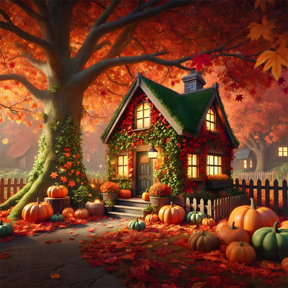 Charming Autumn Cottage Pumpkins Ivy Backdrop RR7-293