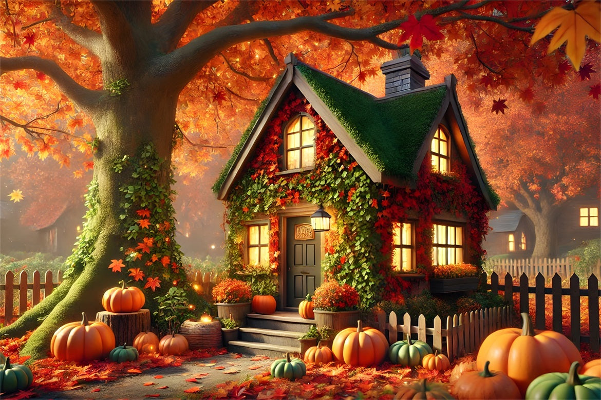 Charming Autumn Cottage Pumpkins Ivy Backdrop RR7-293