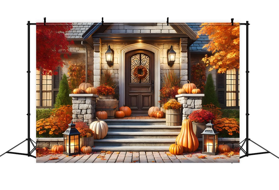 Fall  Pumpkins Lanterns Front Porch Backdrop RR7-296