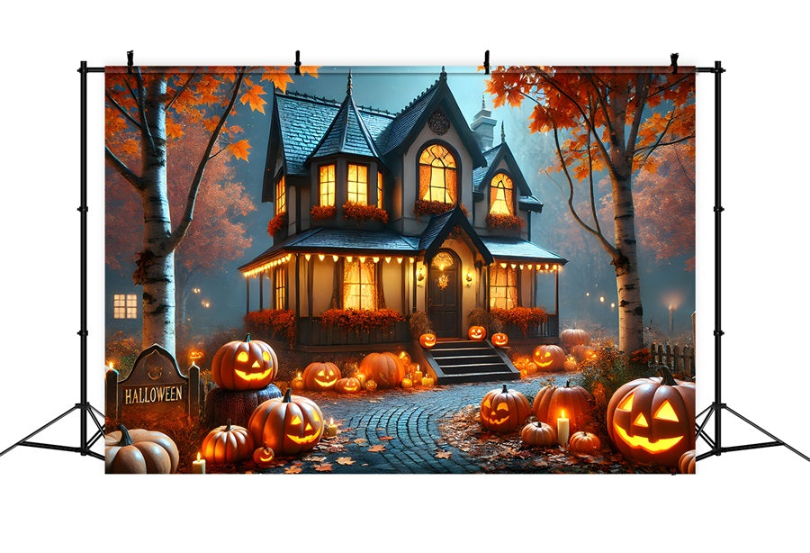 Halloween Pumpkin Lanterns Cozy Cottage Backdrop RR7-297