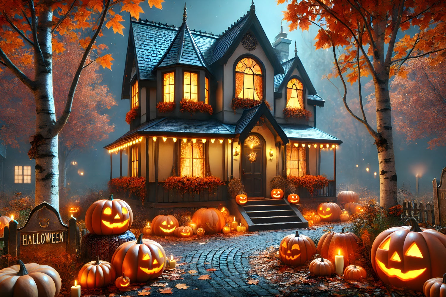 Halloween Pumpkin Lanterns Cozy Cottage Backdrop RR7-297