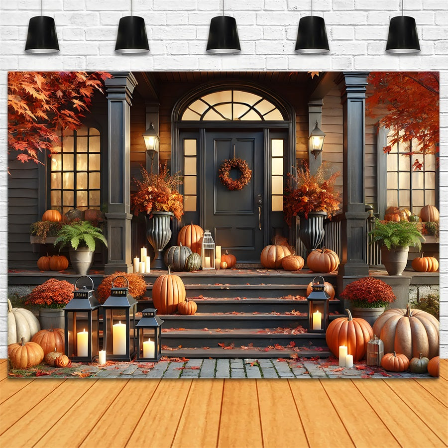 Autumn Front Porch Pumpkins Lanterns Backdrop RR7-298