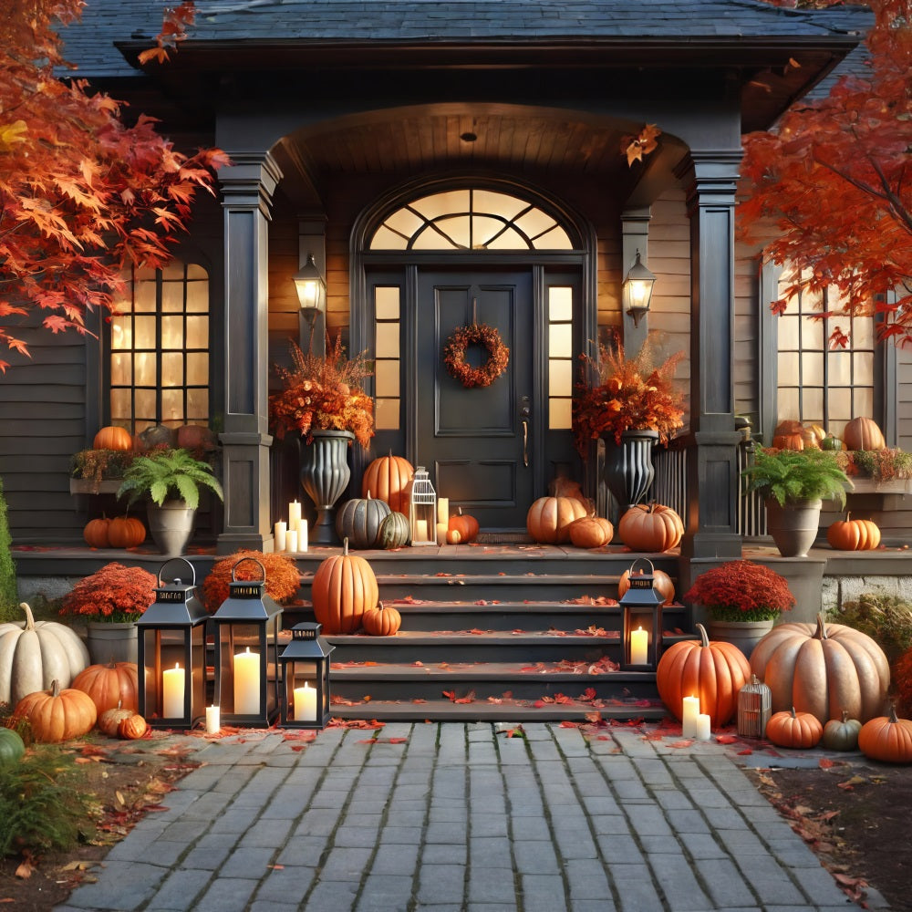 Autumn Front Porch Pumpkins Lanterns Backdrop RR7-298