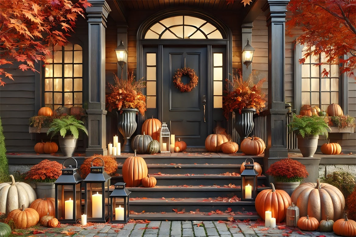 Autumn Front Porch Pumpkins Lanterns Backdrop RR7-298