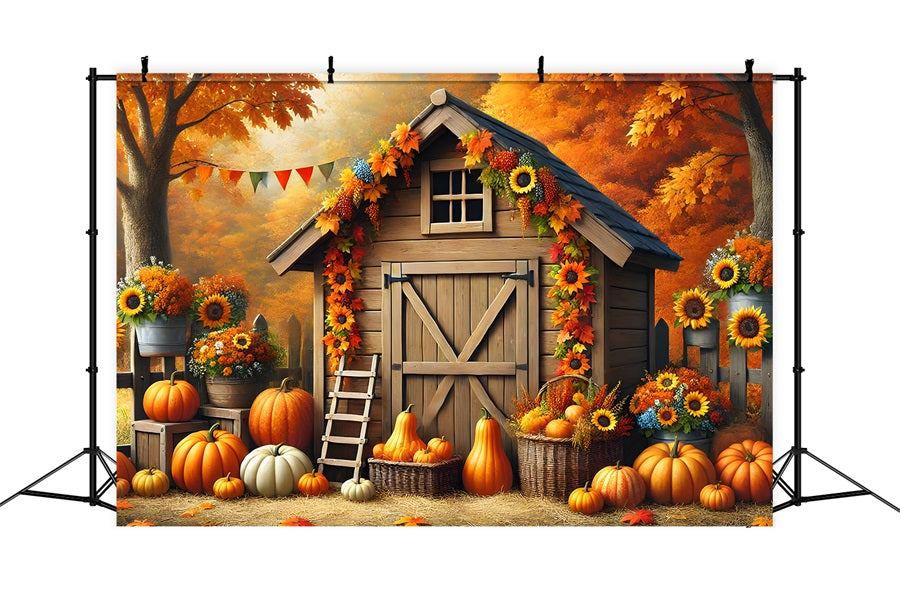 Autumn Barn Pumpkins Sunflowers Backdrop RR7-301