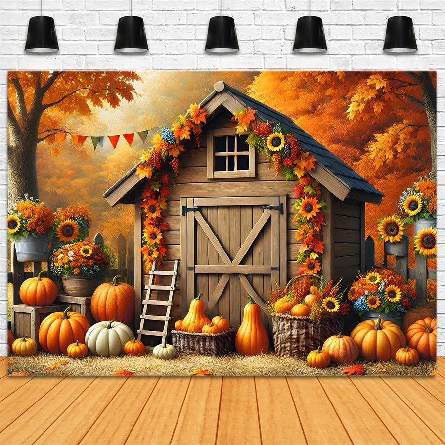 Autumn Barn Pumpkins Sunflowers Backdrop RR7-301