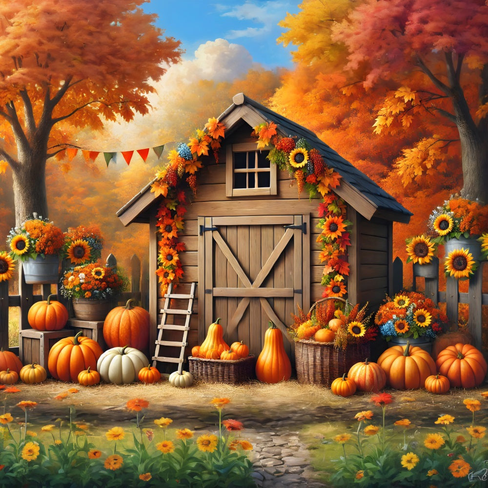 Autumn Barn Pumpkins Sunflowers Backdrop RR7-301