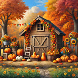 Autumn Barn Pumpkins Sunflowers Backdrop RR7-301