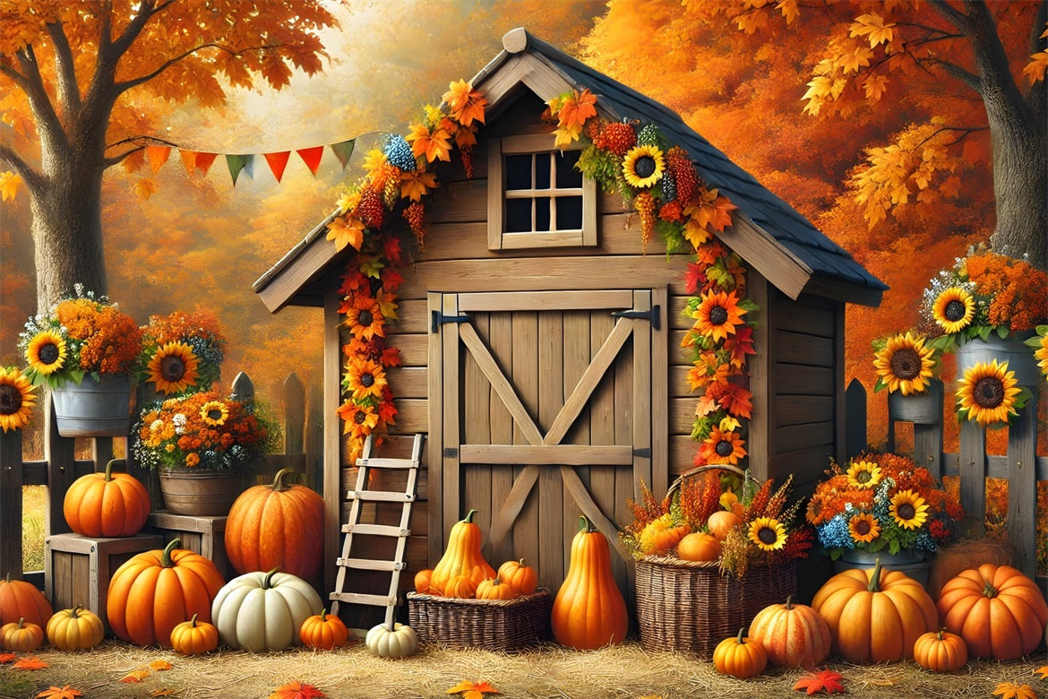 Autumn Barn Pumpkins Sunflowers Backdrop RR7-301