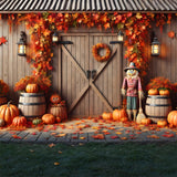 Fall Barn Door Pumpkins Scarecrow Backdrop RR7-302