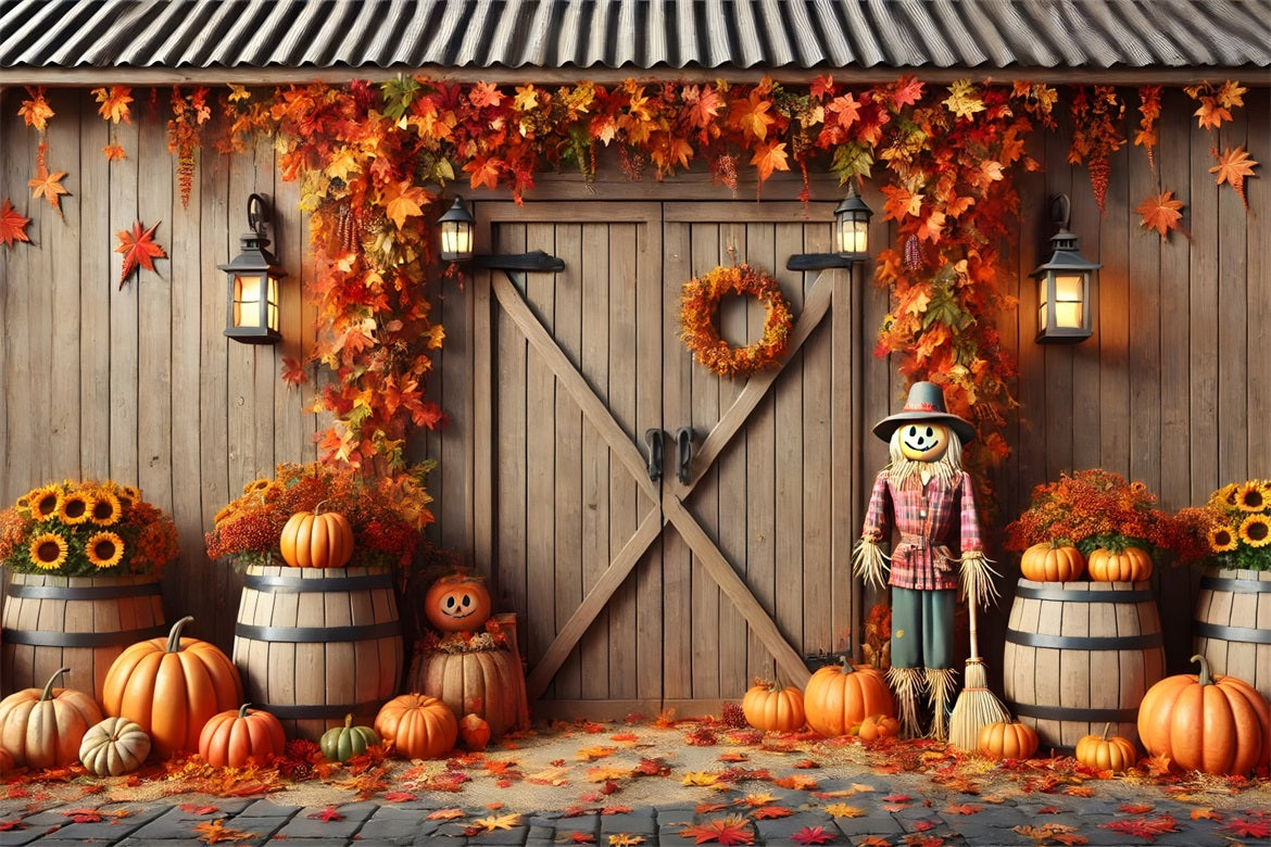 Fall Barn Door Pumpkins Scarecrow Backdrop RR7-302