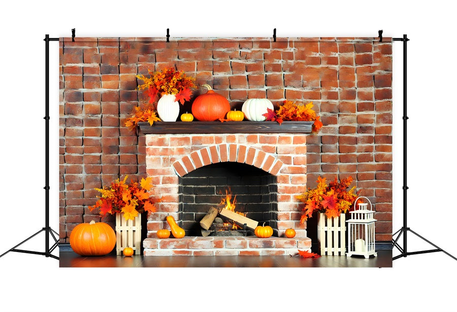 Autumn Fireplace Pumpkins Leaves Brick Backdrop RR7-304