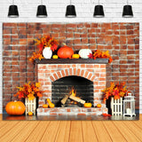 Autumn Fireplace Pumpkins Leaves Brick Backdrop RR7-304